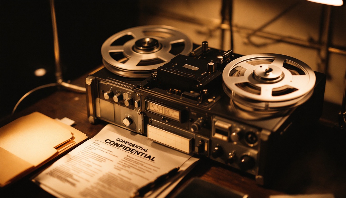 A vintage reel-to-reel tape recorder from the 1950s era on a desk beside a manila folder stamped CONFIDENTIAL