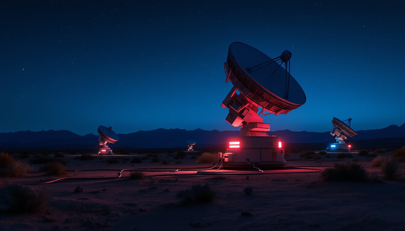 Multi-sensor observatory array in the desert at dusk, with red and blue indicator lights glowing on the instruments
